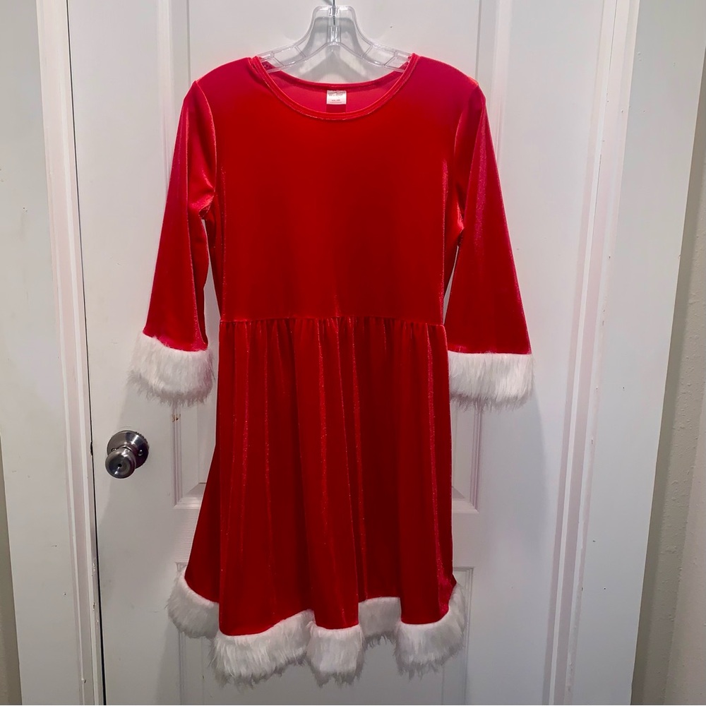 🤶🏻🎄 Santa Style Christmas Dress Red Velour White Faux Fur Trim 🎄🤶🏻